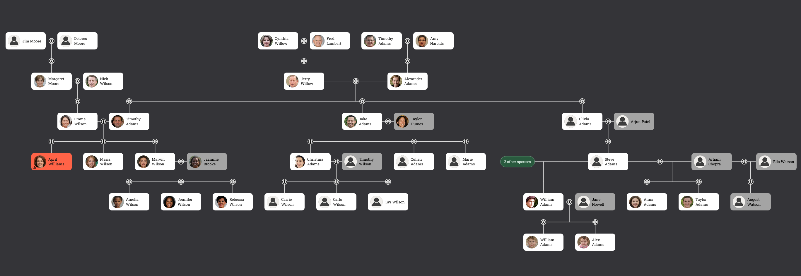 Family tree color coded by relationship type in dark mode